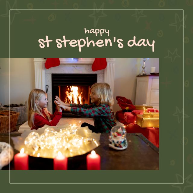 Happy St Stephen's Day with Caucasian Children Celebrating by Festive Fireplace - Download Free Stock Templates Pikwizard.com