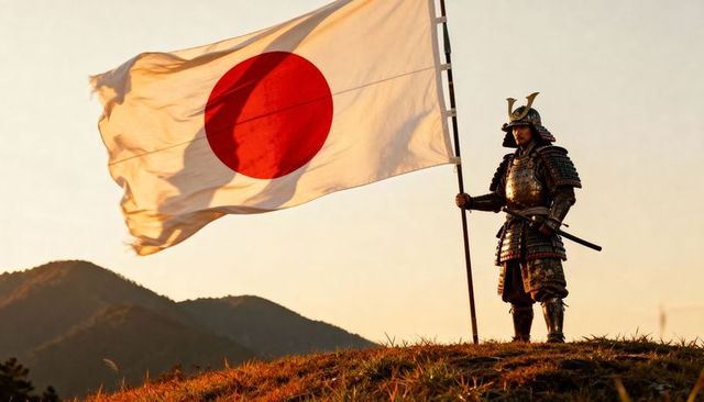 Armored samurai standing on hill holding hinomaru flag at sunset