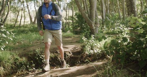 man hiking through sunlit forest trail adventure - Download Free Stock Images Pikwizard.com