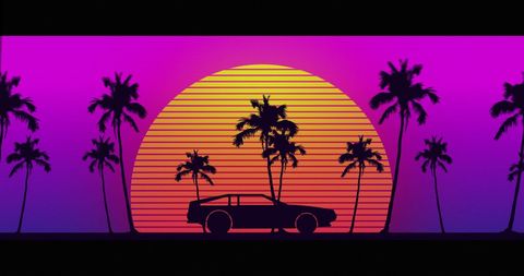 Retro Sunset with Palm Trees and Car Silhouette