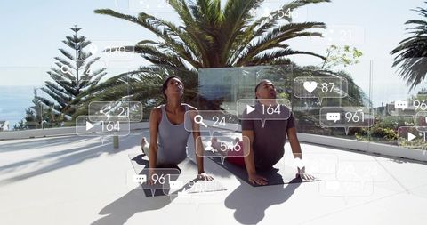 Friends Practicing Cobra Yoga on Sunny Ocean Terrace with Social Media Overlay