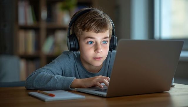 Focused Child Using Laptop with Headphones in Study Room