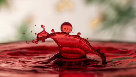 High-speed video of red liquid impact forming arching splash, orb and satellite droplets