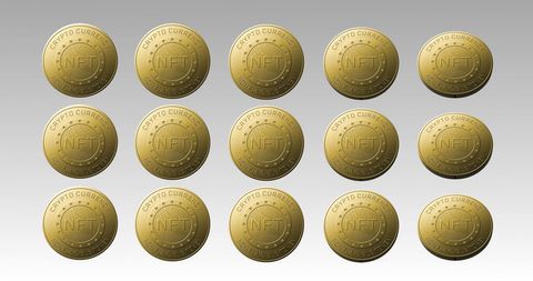 Spinning nft coins on grey background with gold finish