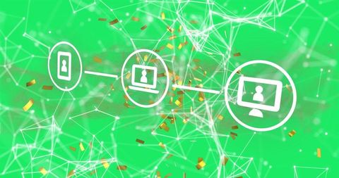 Abstract digital network concept with falling confetti on green background