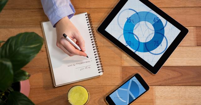 Hand is writing in notebook beside digital tablet displaying circular charts and smartphone with data. Great for illustrating business planning, data analysis, technology in workplace, or productivity setups.