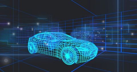 Neon Wireframe Car Rotating in Virtual Showroom for Automotive Design Visualization