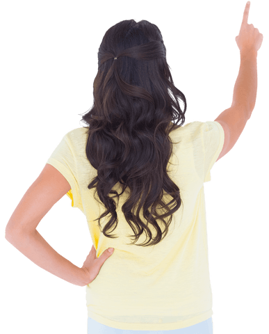 Transparent view of brunette woman in yellow pointing upward