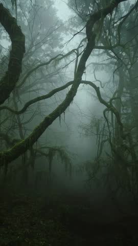 Vertical video panning through foggy moss-covered rainforest with twisted mossy branches