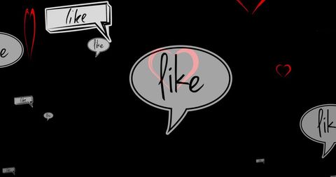 Social media reactions and hearts on black background