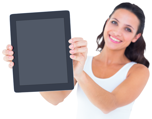 Brunette Woman Displaying Blank Screen Tablet Transparent Background - Download Free Stock Videos Pikwizard.com