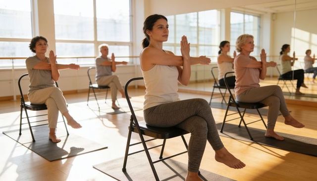 Group chair yoga class practicing seated balance and arm stretch in sunlit fitness studio