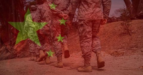 Chinese Soldiers Marching with National Flag Overlay