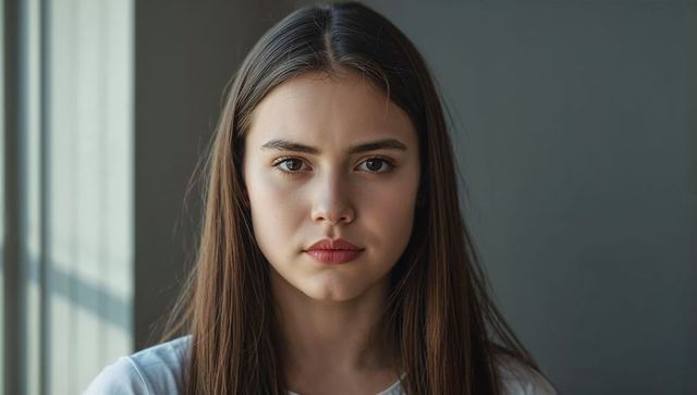 Young woman holding neutral gaze by window in soft daylight ai-generated portrait headshot
