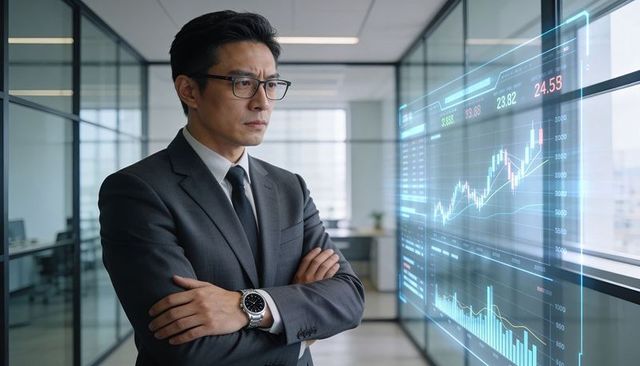 Asian executive studying financial data on transparent digital display in modern office