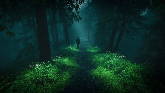 Solitary Figure Walking on Foggy Forest Trail at Dusk