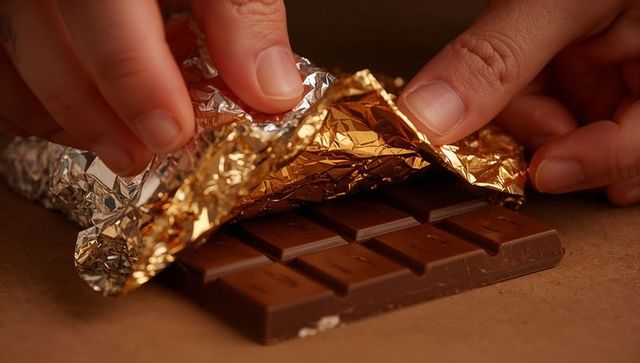Peeling foil revealing segmented milk chocolate bar wrapped in gold and silver foil
