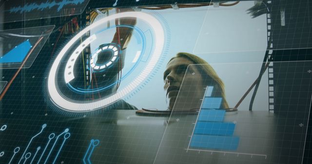 This image depicts a woman interacting with a high-tech interface, featuring a mix of virtual elements and futuristic graphics. Ideal for use in articles or presentations related to cutting-edge technology, innovation, cyber industry, and digital advancements. Can be used for marketing materials, tech blogs, or website development firms showcasing modern tools and environments.