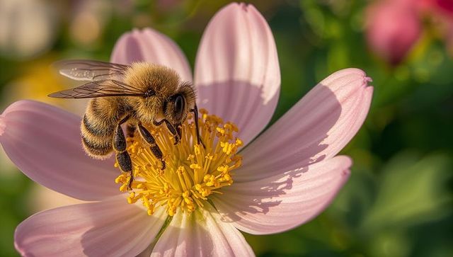 Honey bee collecting pollen on pale pink daisy, macro close-up with golden stamens