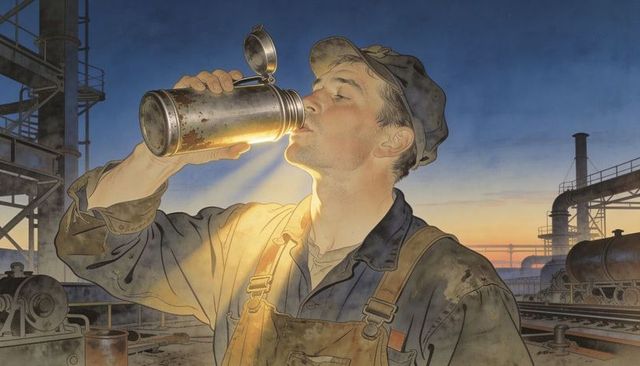 Rail yard worker drinking from metal canteen at sunset in industrial refinery