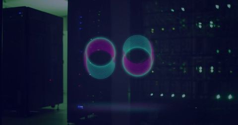 Futuristic Neon Circuitry Circles Over High-Tech Servers