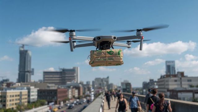 Urban drone delivering parcel over busy pedestrian skywalk