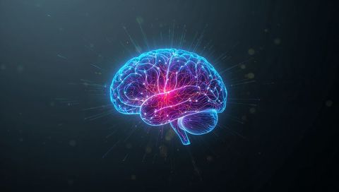 Glowing neon holographic brain visualizing neural network activity and synapse connectivity