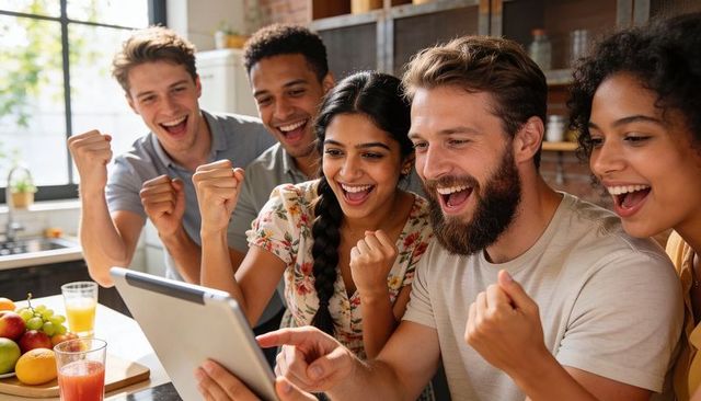 Friends celebrating and reacting to win around tablet in sunlit kitchen over breakfast