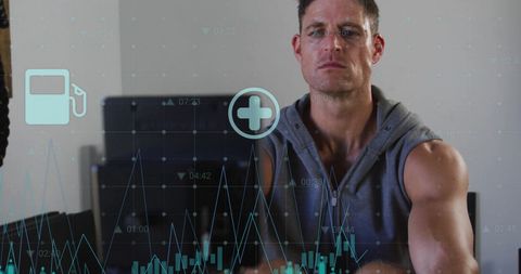 Muscular Man Exercising with Fitness Data Overlay