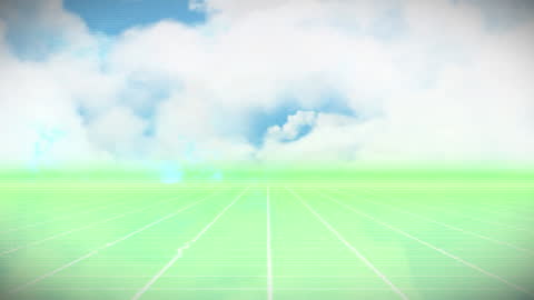 Futuristic Neon Grid Overlaying Sky with Clouds