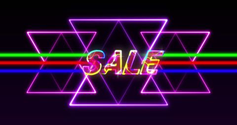 Neon retro sale banner with glowing triangles and colorful text