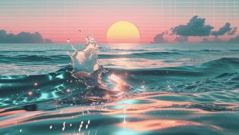 Cresting Wave Splash at Vibrant Sunset with Digital Overlay