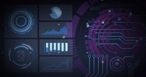 Presenting holographic biometric analytics dashboard with neon circuit interface and data panels
