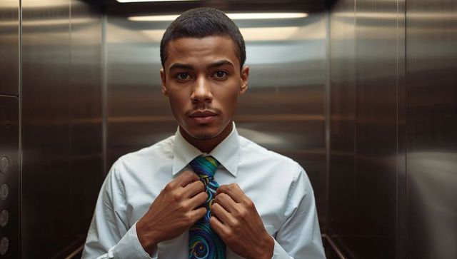 Young Professional Adjusting Tie in Stainless Steel Elevator for Corporate Portrait