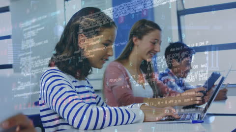 Students in Classroom Using Laptops with Data Overlay