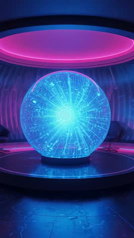 Vertical video emitting data orb radiating neon streams inside futuristic circular chamber