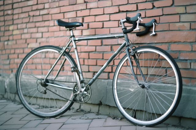 Vintage road bicycle with sleek design resting against brick wall. Ideal for themes on urban transport, cycling lifestyle, retro designs, or promoting eco-friendly transportation.