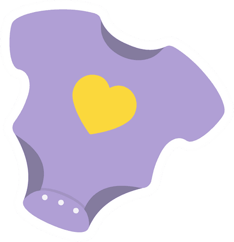 Playful purple baby bodysuit with yellow heart on transparent background