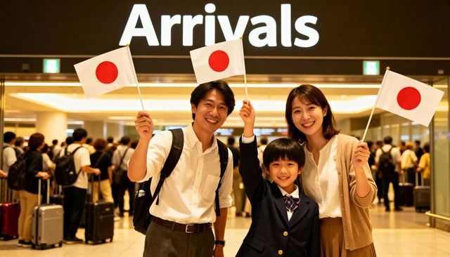 Japanese family welcoming at arrivals waving japanese flags smiling celebrating airport return