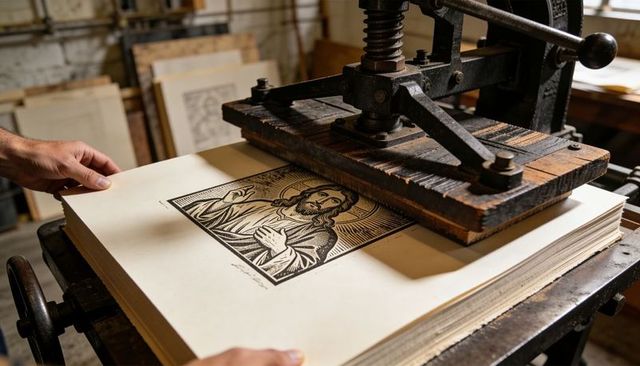 Pressing antique letterpress: haloed christ woodcut on cream paper, artisan workshop