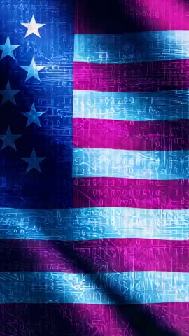 Vertical Cyber Flag Animation Pulsing Cyan Magenta American Flag Waving Futuristic Circuitry