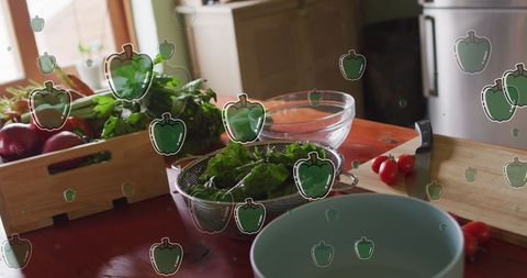 Vegetables on Kitchen Counter with Digital Overlay of Pepper Icons