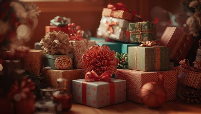 Holiday Gifts Wrapped Under Warm Light Cozy Home Setting