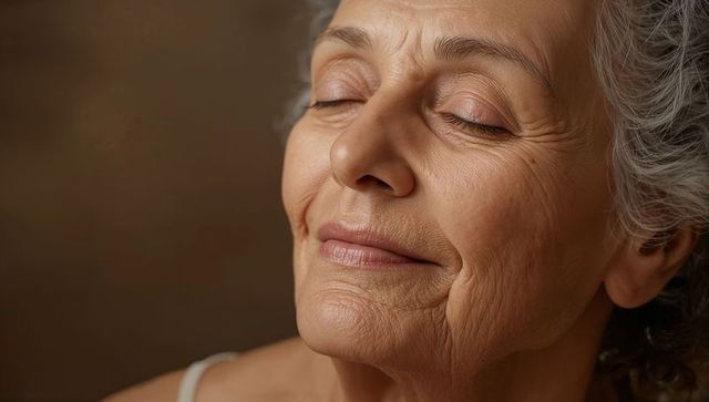 Serene senior woman smiling with closed eyes close-up portrait natural skin texture