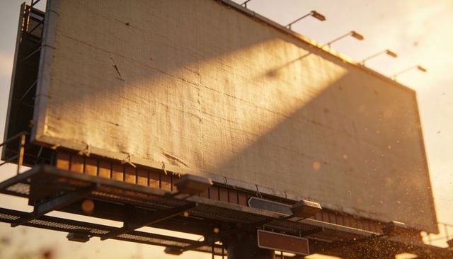 Worn urban billboard casting golden light at sunset with floodlights and weathered texture