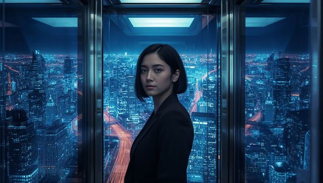 Asian executive standing in glass high-rise, reflecting neon-lit city light trails at night