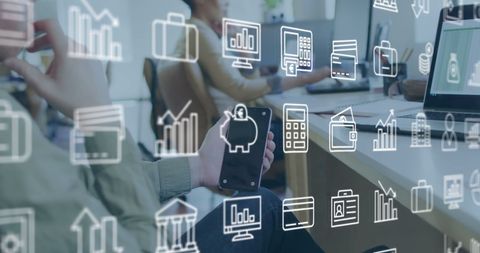 Business Icons Overlay in Modern Office Environment