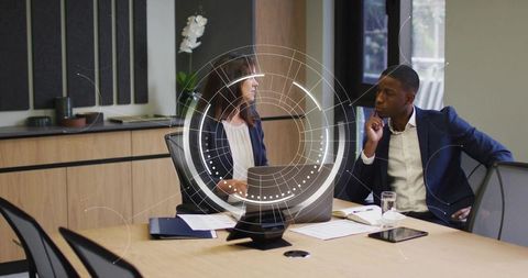 Collaborating with futuristic augmented reality hud interface in modern boardroom meeting