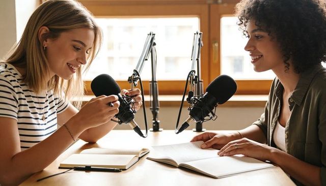 Female podcast hosts adjusting condenser mics and reading notes in sunlit home studio