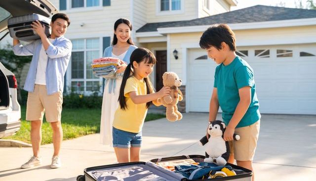 Family packing car on suburban driveway preparing summer road trip with kids and toys